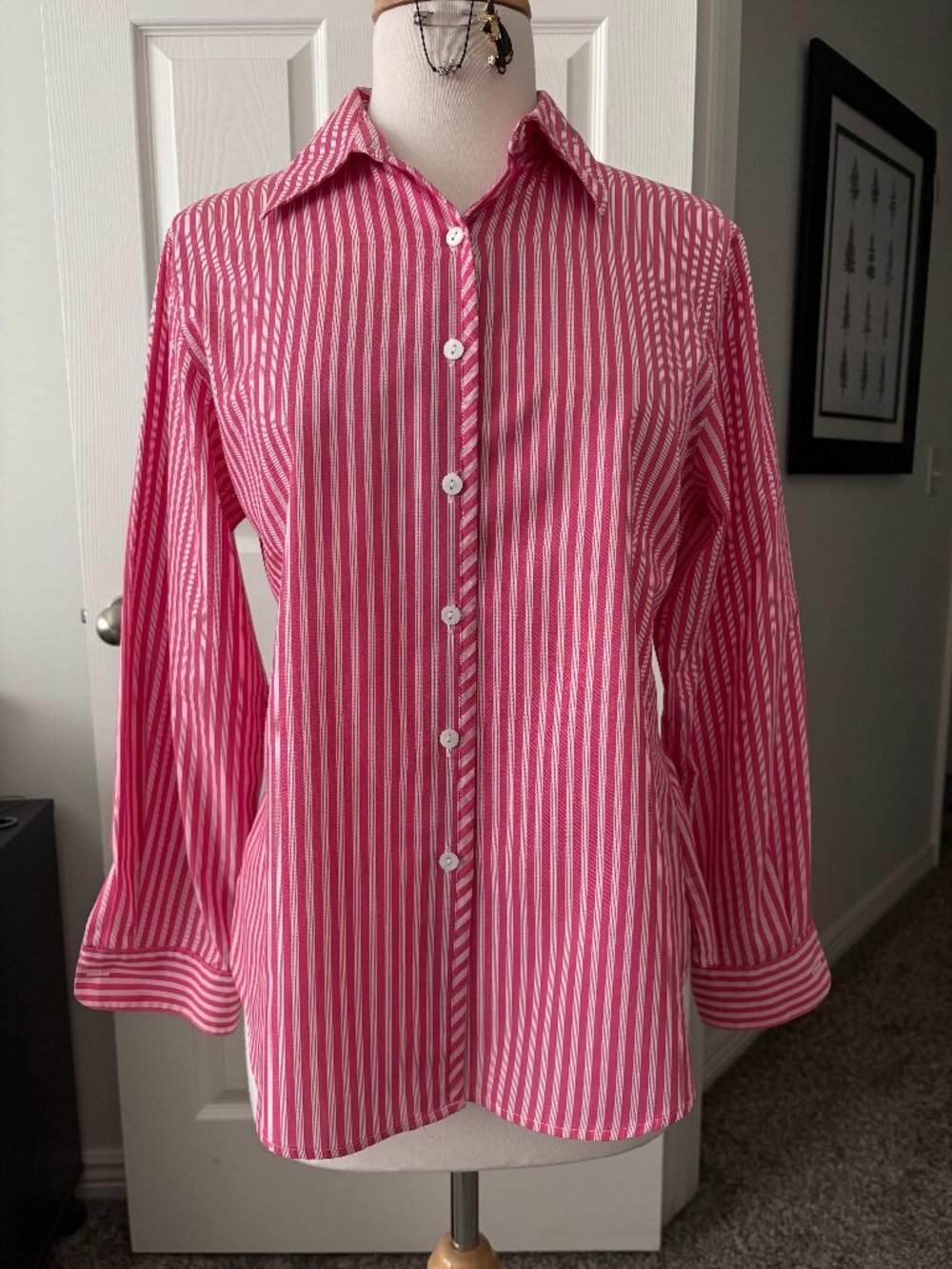 Pink and White Stripe Long Sleeve Button Down Blouse Foxcroft 10P